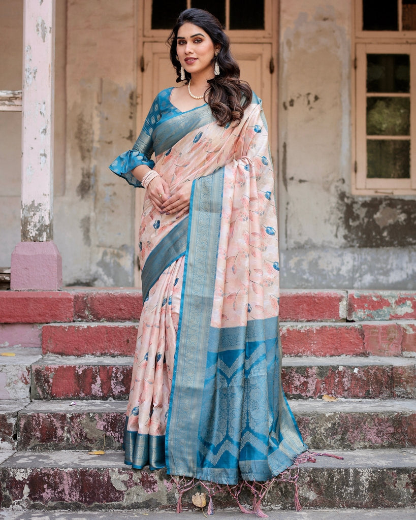 Peach and Teal Floral Digital Print Banarasi Silk Saree with Zari Weave and Tassel-Adorned Pallu BANARASI PRINTED