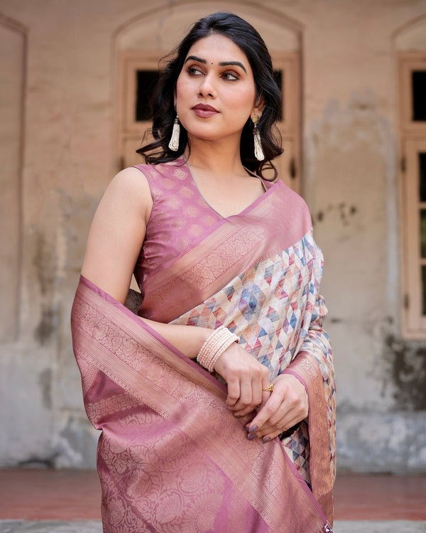 Beige and Pink Geometric Print Banarasi Silk Saree with Zari Weave and Tassel-Embellished Pallu BANARASI PRINTED