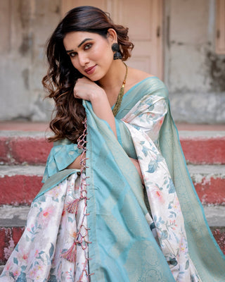 White and Aqua Floral Digital Print Banarasi Silk Saree with Zari Weave and Tassel-Adorned Pallu BANARASI PRINTED