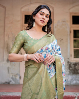 Blue and Green Floral Digital Print Banarasi Silk Saree with Zari Weave and Tassel-Embellished Pallu BANARASI PRINTED