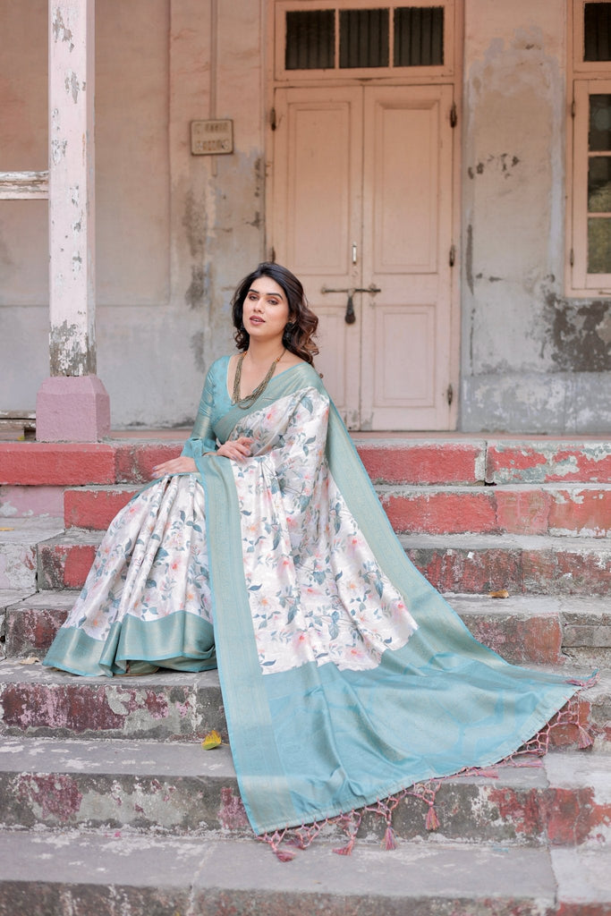 White and Aqua Floral Digital Print Banarasi Silk Saree with Zari Weave and Tassel-Adorned Pallu BANARASI PRINTED