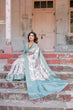Load image into Gallery viewer, White and Aqua Floral Digital Print Banarasi Silk Saree with Zari Weave and Tassel-Adorned Pallu BANARASI PRINTED