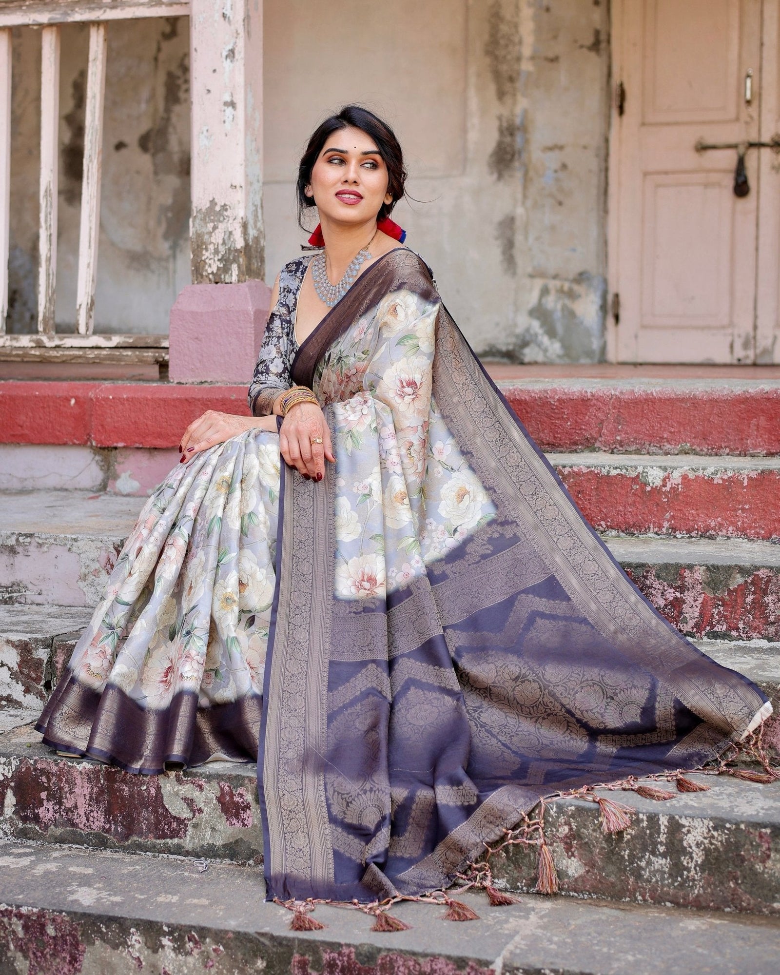 Elegant Gray Banarasi Silk Saree with Navy Blue Zari Weave, Floral Design, and Tassels BANARASI PRINTED