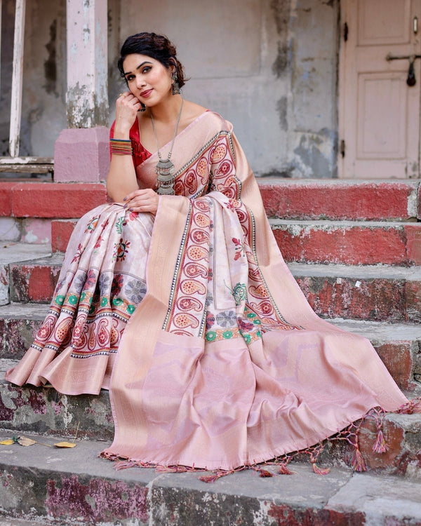 Peach Banarasi Silk Saree with Intricate Paisley and Floral Design BANARASI PRINTED