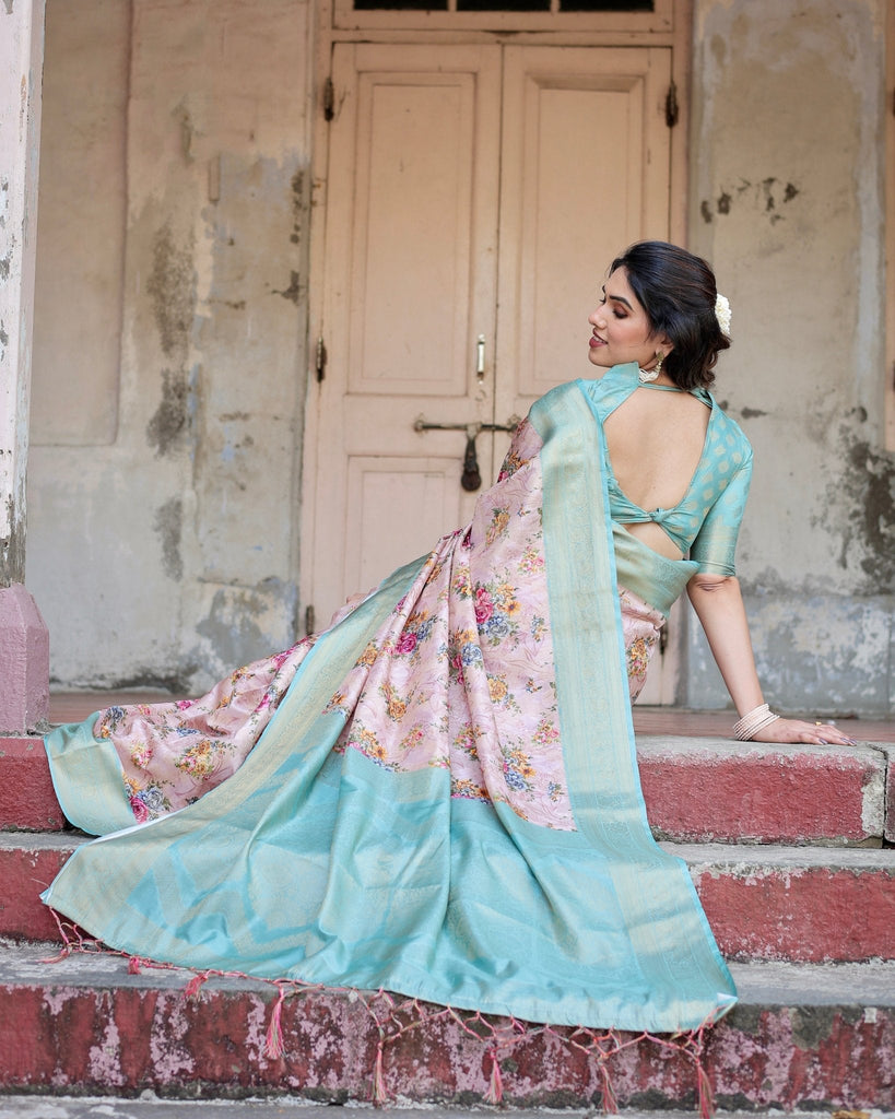 Pink and Green Floral Digital Print Banarasi Silk Saree with Zari Weave and Tassel Pallu BANARASI PRINTED