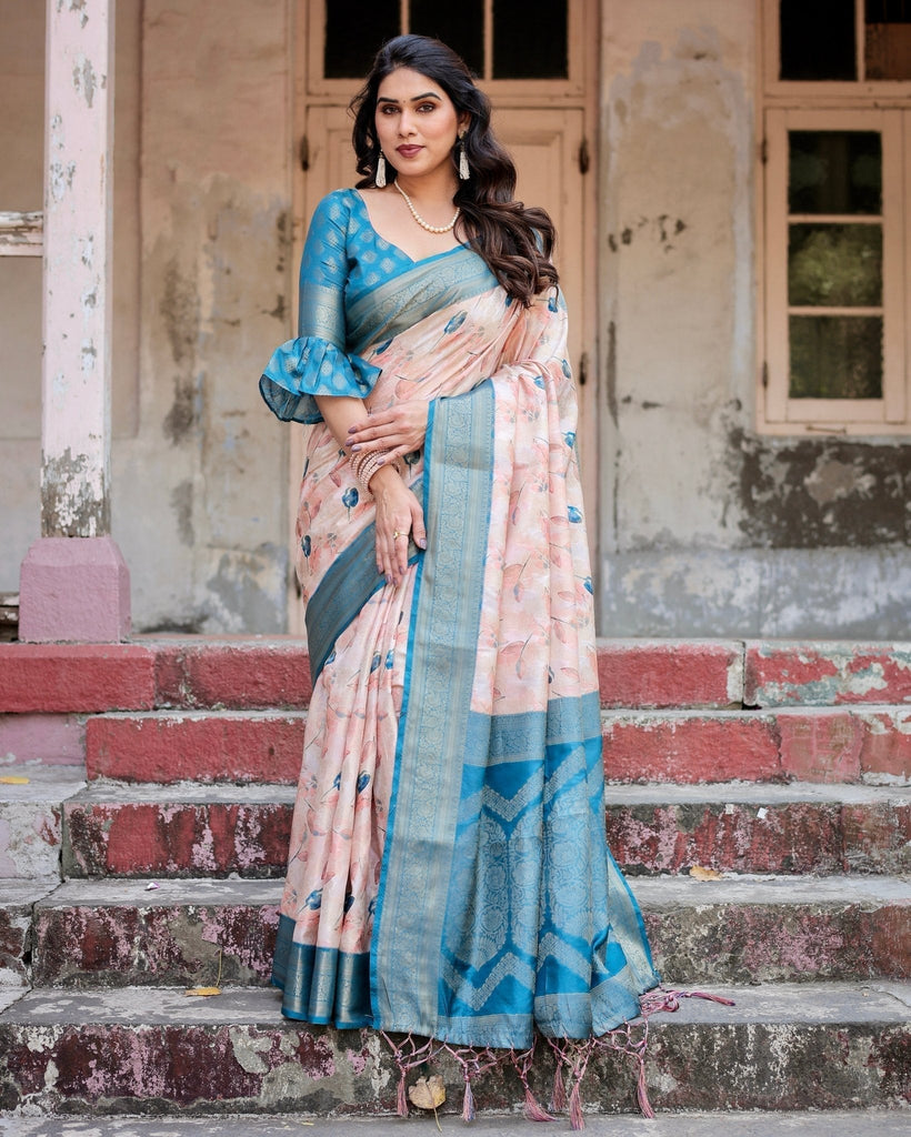 Peach and Teal Floral Digital Print Banarasi Silk Saree with Zari Weave and Tassel-Adorned Pallu BANARASI PRINTED