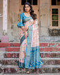 Load image into Gallery viewer, Peach and Teal Floral Digital Print Banarasi Silk Saree with Zari Weave and Tassel-Adorned Pallu BANARASI PRINTED