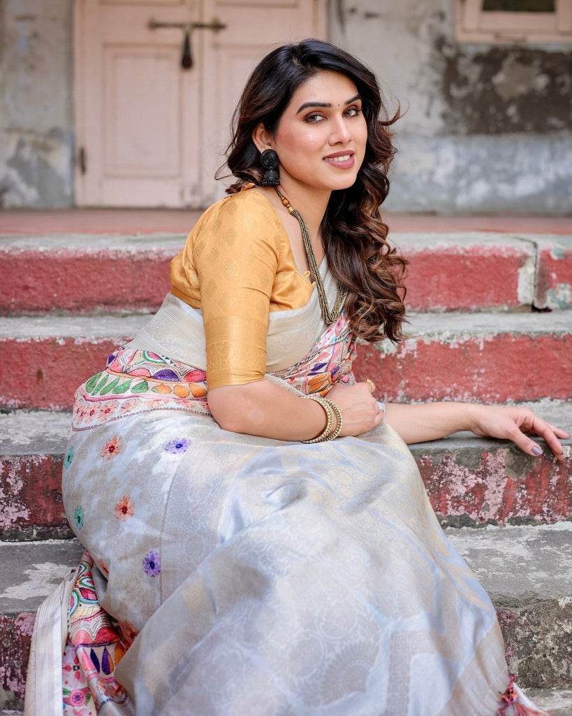 Off-White and Multicolor Mandala Design Banarasi Silk Saree with Zari Weave and Tassel-Adorned Pallu BANARASI PRINTED