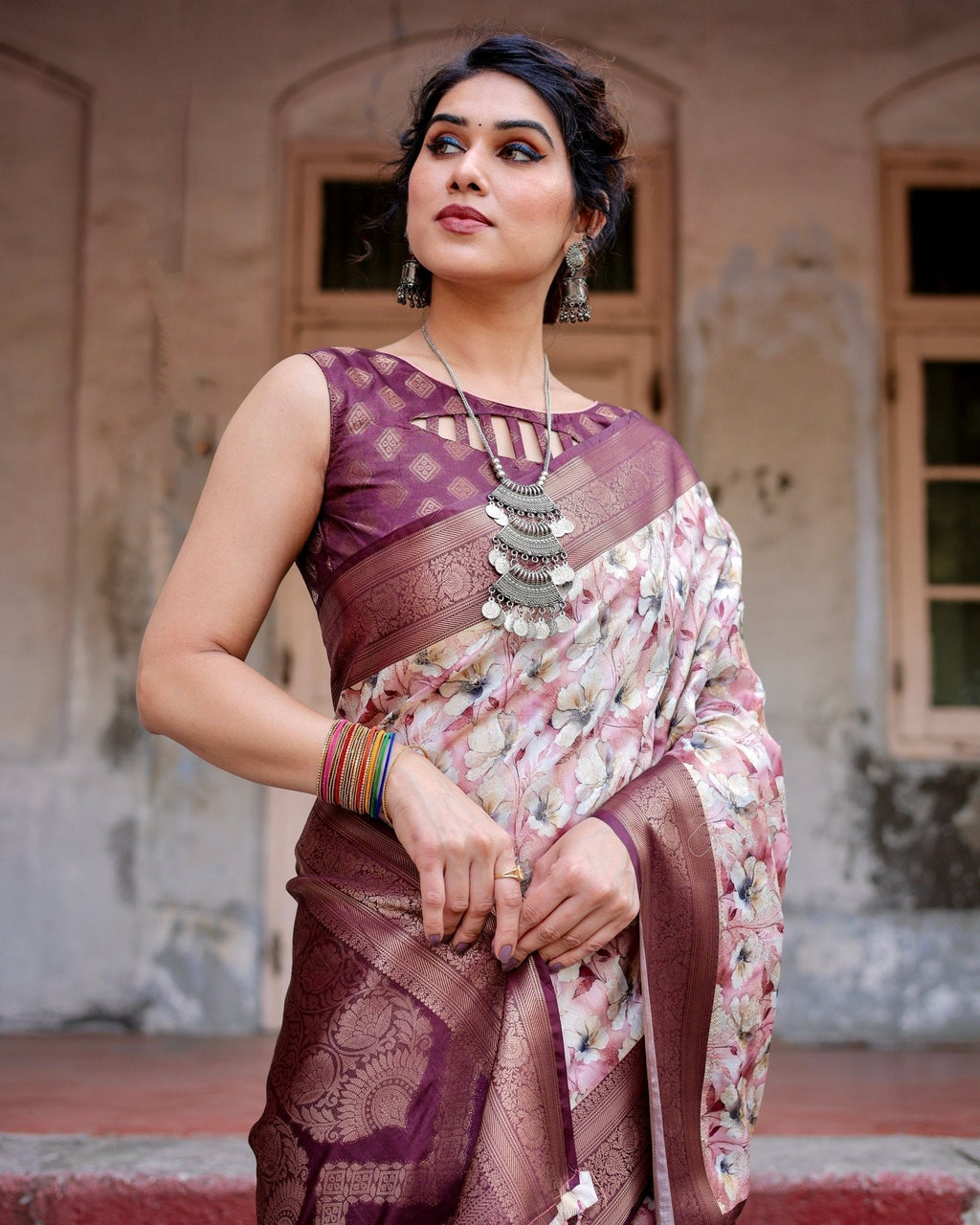 Elegant Wine Floral Banarasi Silk Saree with Zari Weave and Tassels BANARASI PRINTED