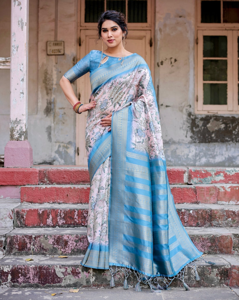 Elegant Floral Banarasi Silk Saree in Sky Blue and Blush Pink with Zari Weave and Tassels BANARASI PRINTED