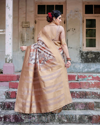 Elegant Beige Floral Banarasi Silk Saree with Zari Weave and Tassels BANARASI PRINTED
