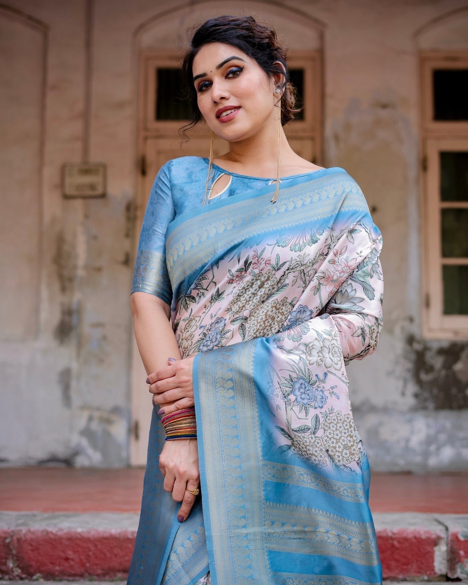 Elegant Floral Banarasi Silk Saree in Sky Blue and Blush Pink with Zari Weave and Tassels BANARASI PRINTED