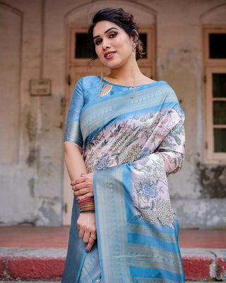 Elegant Floral Banarasi Silk Saree in Sky Blue and Blush Pink with Zari Weave and Tassels BANARASI PRINTED