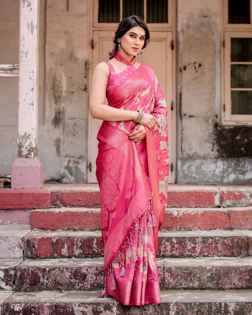 Regal Pink Banarasi Silk Saree with Zari Weave and Intricate Tassels BANARASI PRINTED