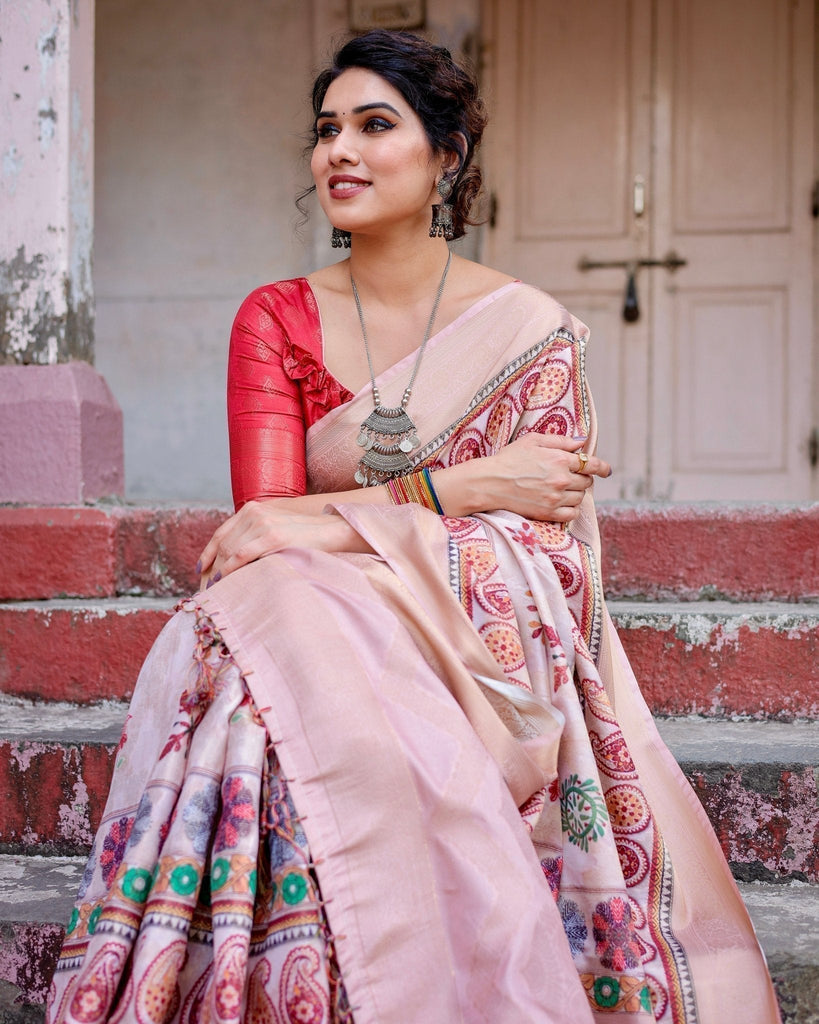 Peach Banarasi Silk Saree with Intricate Paisley and Floral Design BANARASI PRINTED