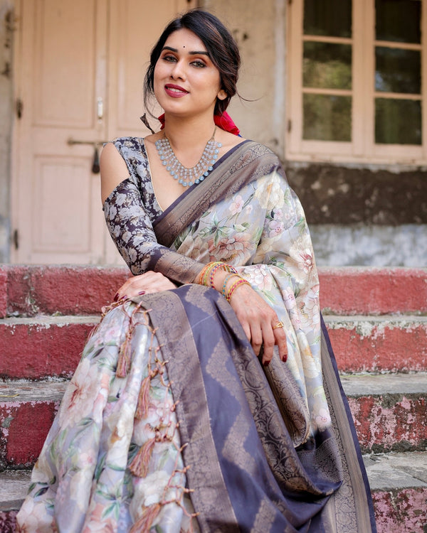 Elegant Gray Banarasi Silk Saree with Navy Blue Zari Weave, Floral Design, and Tassels BANARASI PRINTED