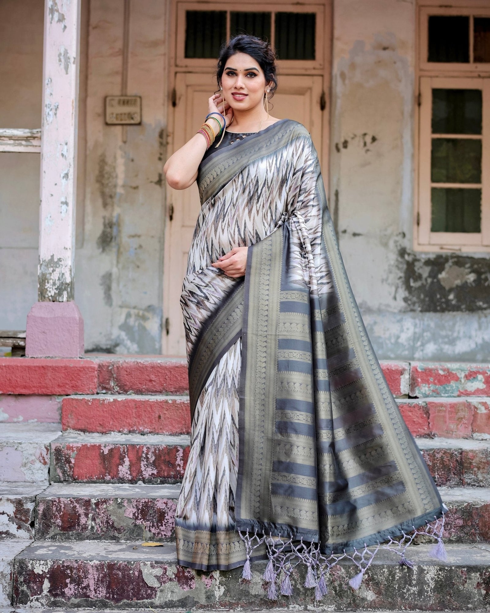 Elegant Banarasi Silk Saree with Zari Weaving and Tassels in Shades of Grey and Black BANARASI PRINTED