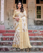 Load image into Gallery viewer, Ivory and Gold Banarasi Silk Saree with Floral Print, Zari Border, and Tassels BANARASI PRINTED