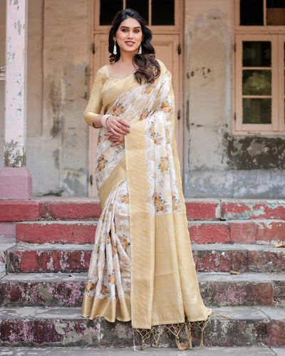 Ivory and Gold Banarasi Silk Saree with Floral Print, Zari Border, and Tassels BANARASI PRINTED