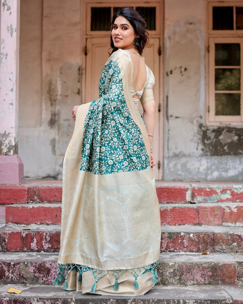 Teal and Cream Floral Banarasi Silk Saree with Zari Weave and Tassel-Accented Pallu BANARASI PRINTED