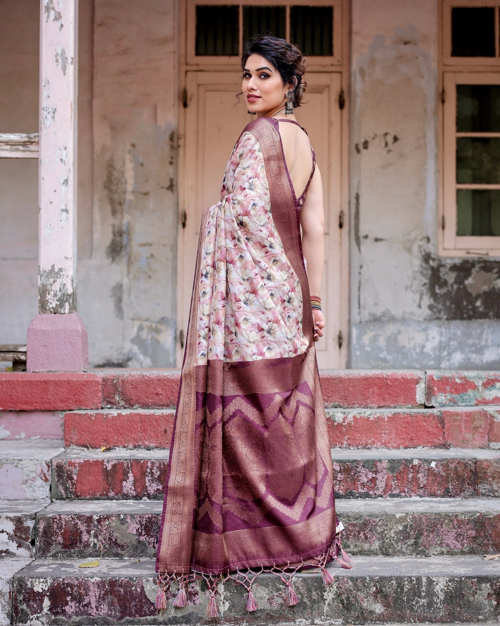 Elegant Wine Floral Banarasi Silk Saree with Zari Weave and Tassels BANARASI PRINTED