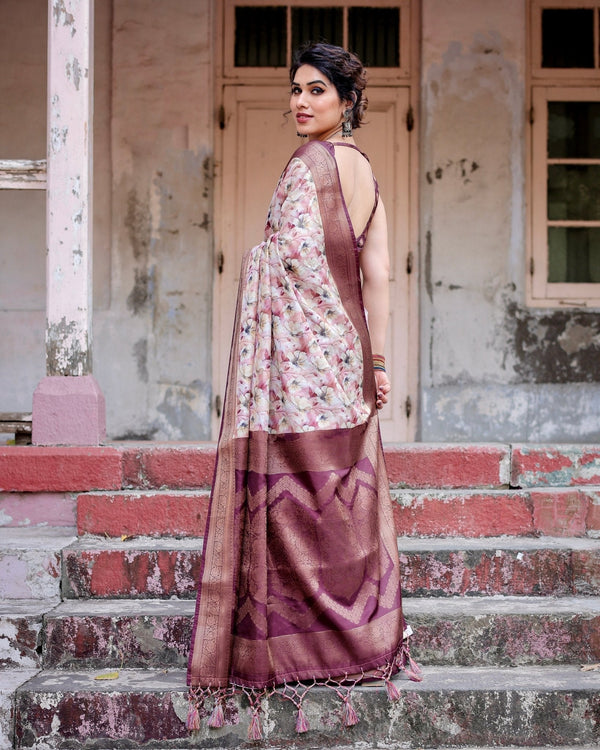 Elegant Wine Floral Banarasi Silk Saree with Zari Weave and Tassels BANARASI PRINTED