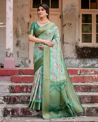 Graceful Green Banarasi Silk Saree with Intricate Floral and Elephant Weaves BANARASI PRINTED