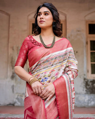 Red and Multicolor Digital Print Banarasi Silk Saree with Zari Weave and Tassel-Adorned Pallu BANARASI PRINTED