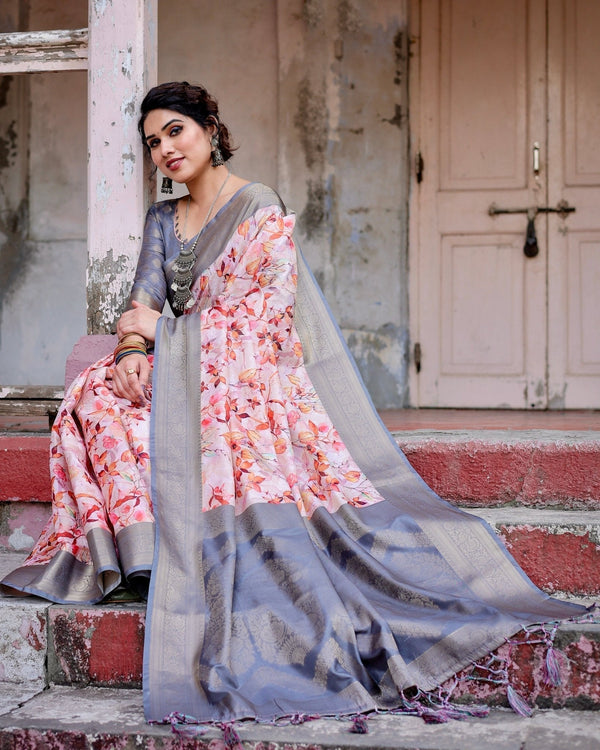 Graceful Grey Banarasi Silk Saree with Floral Elegance and Zari Accents BANARASI PRINTED