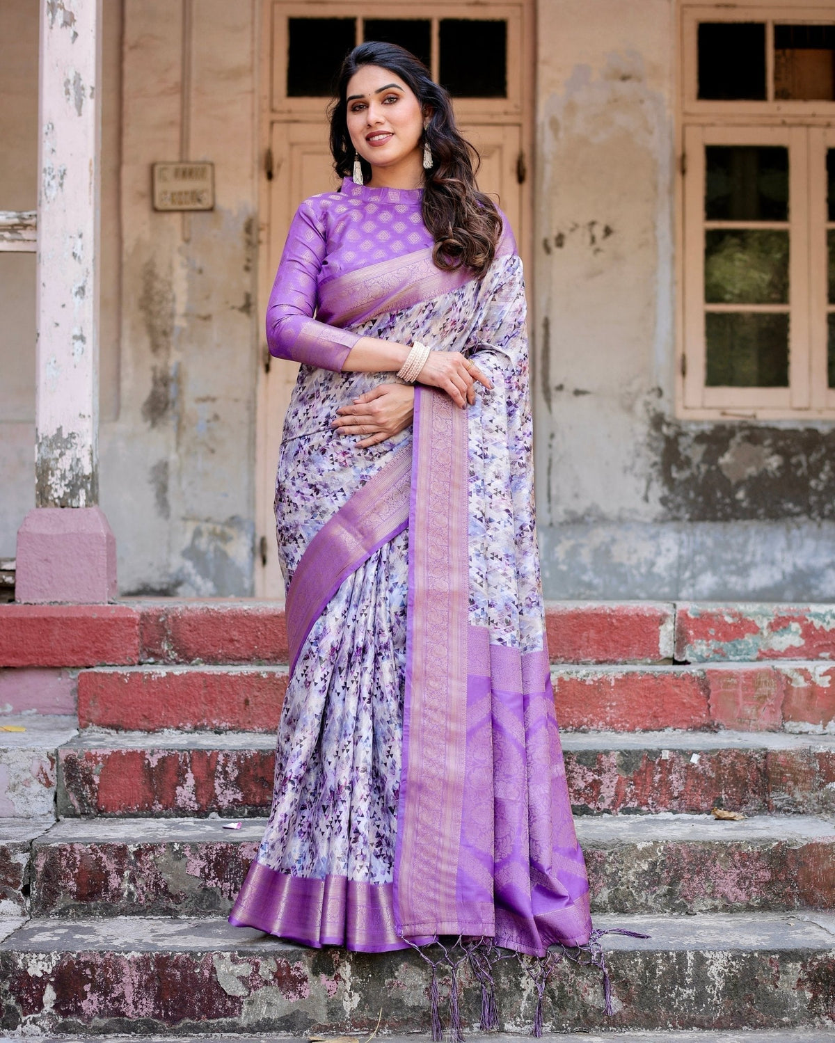 Lavender and White Geometric Floral Digital Print Banarasi Silk Saree with Zari Weave and Tassel-Embellished Pallu BANARASI PRINTED Main image