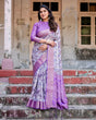 Load image into Gallery viewer, Lavender and White Geometric Floral Digital Print Banarasi Silk Saree with Zari Weave and Tassel-Embellished Pallu BANARASI PRINTED