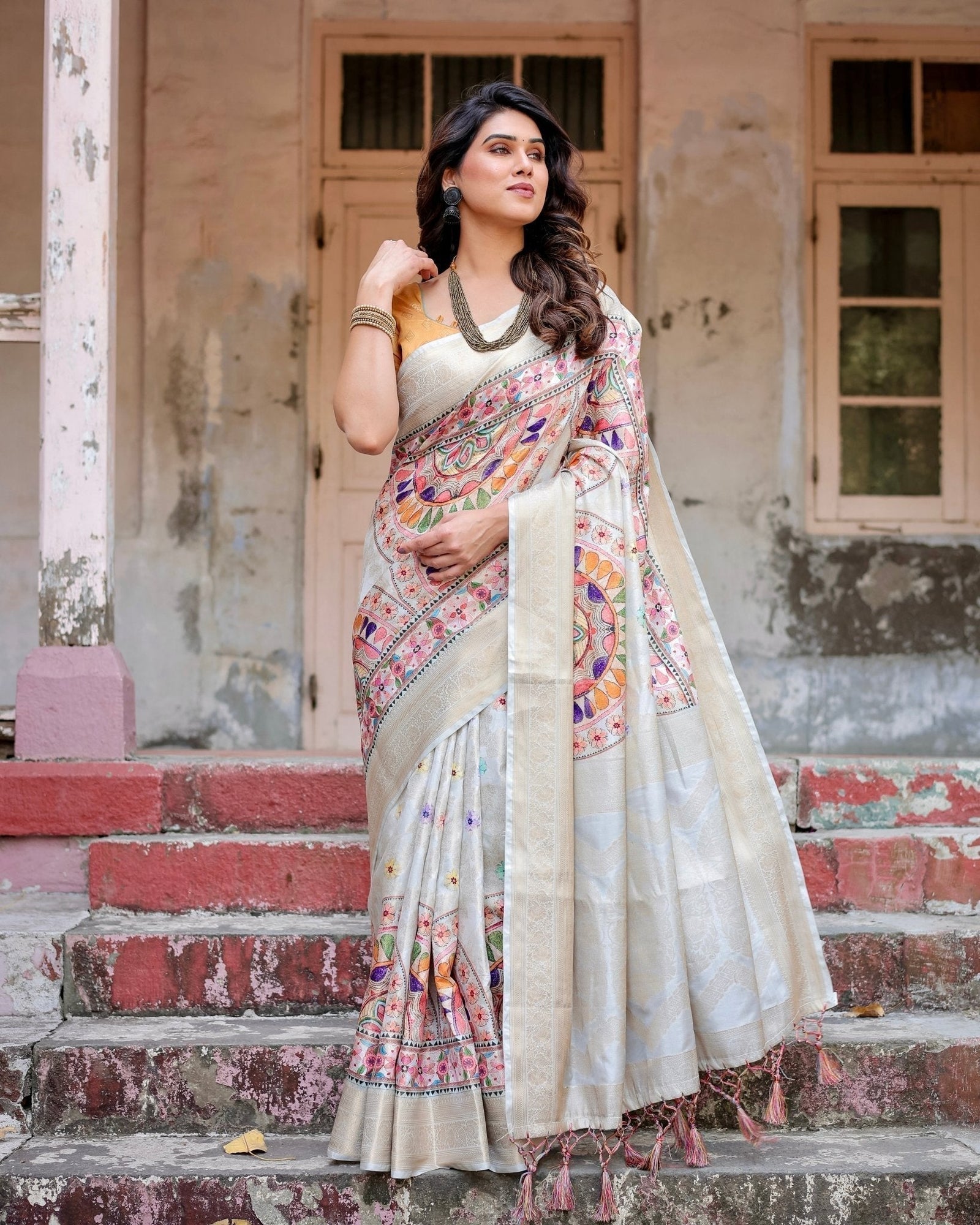 Off-White and Multicolor Mandala Design Banarasi Silk Saree with Zari Weave and Tassel-Adorned Pallu BANARASI PRINTED