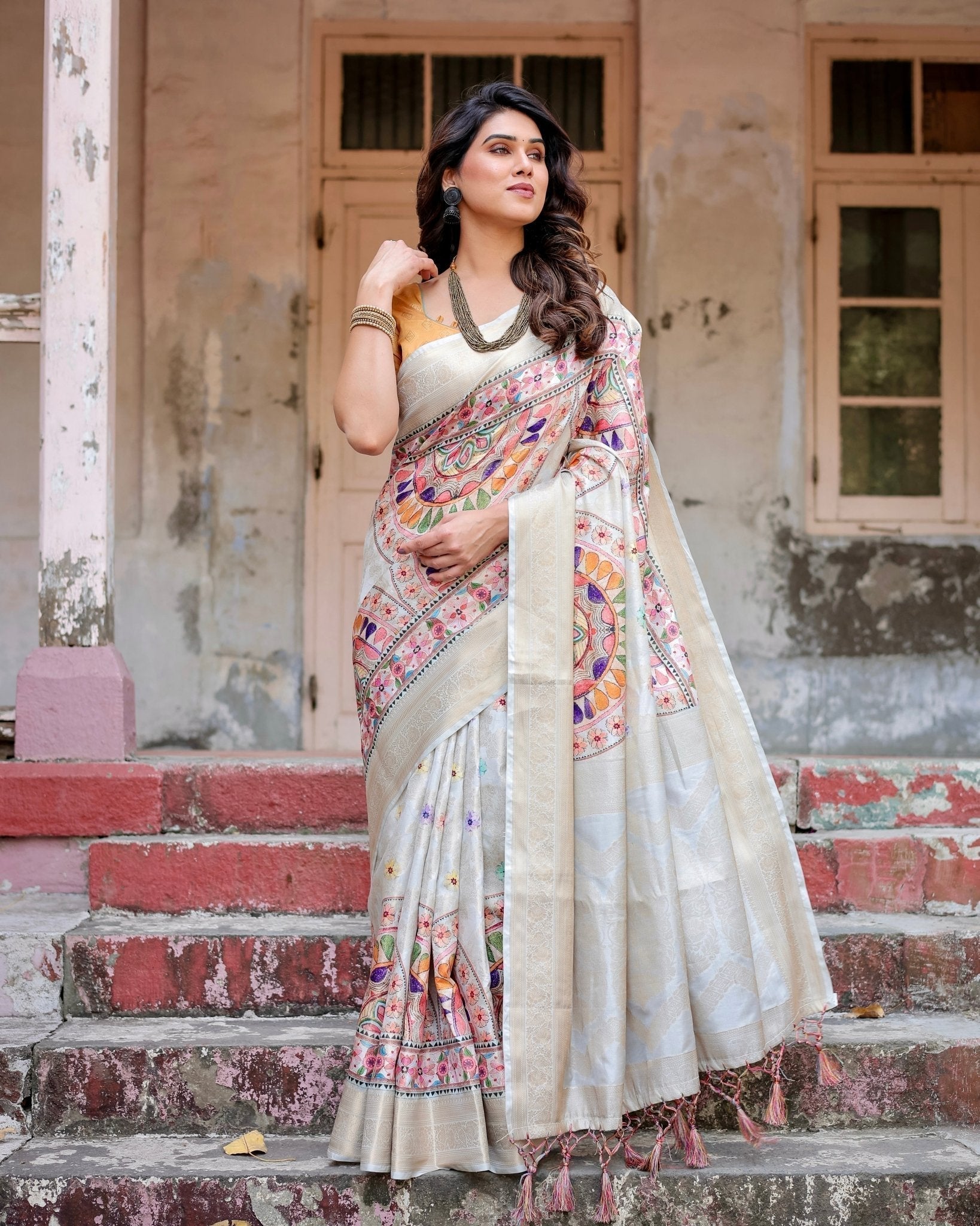 Off-White and Multicolor Mandala Design Banarasi Silk Saree with Zari Weave and Tassel-Adorned Pallu BANARASI PRINTED Main image