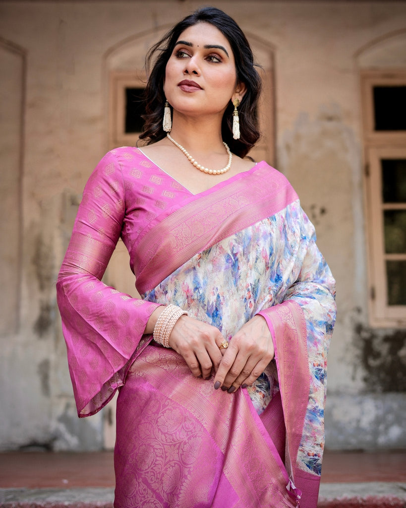 White and Pink Floral Digital Print Banarasi Silk Saree with Zari Weave and Tassel-Embellished Pallu BANARASI PRINTED