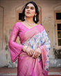 Load image into Gallery viewer, White and Pink Floral Digital Print Banarasi Silk Saree with Zari Weave and Tassel-Embellished Pallu BANARASI PRINTED