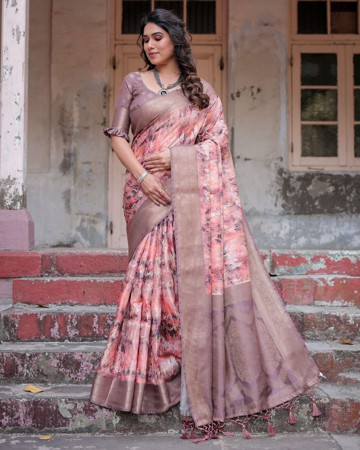 Peach and Brown Abstract Design Banarasi Silk Saree with Zari Weave and Tassel-Embellished Pallu BANARASI PRINTED Main image