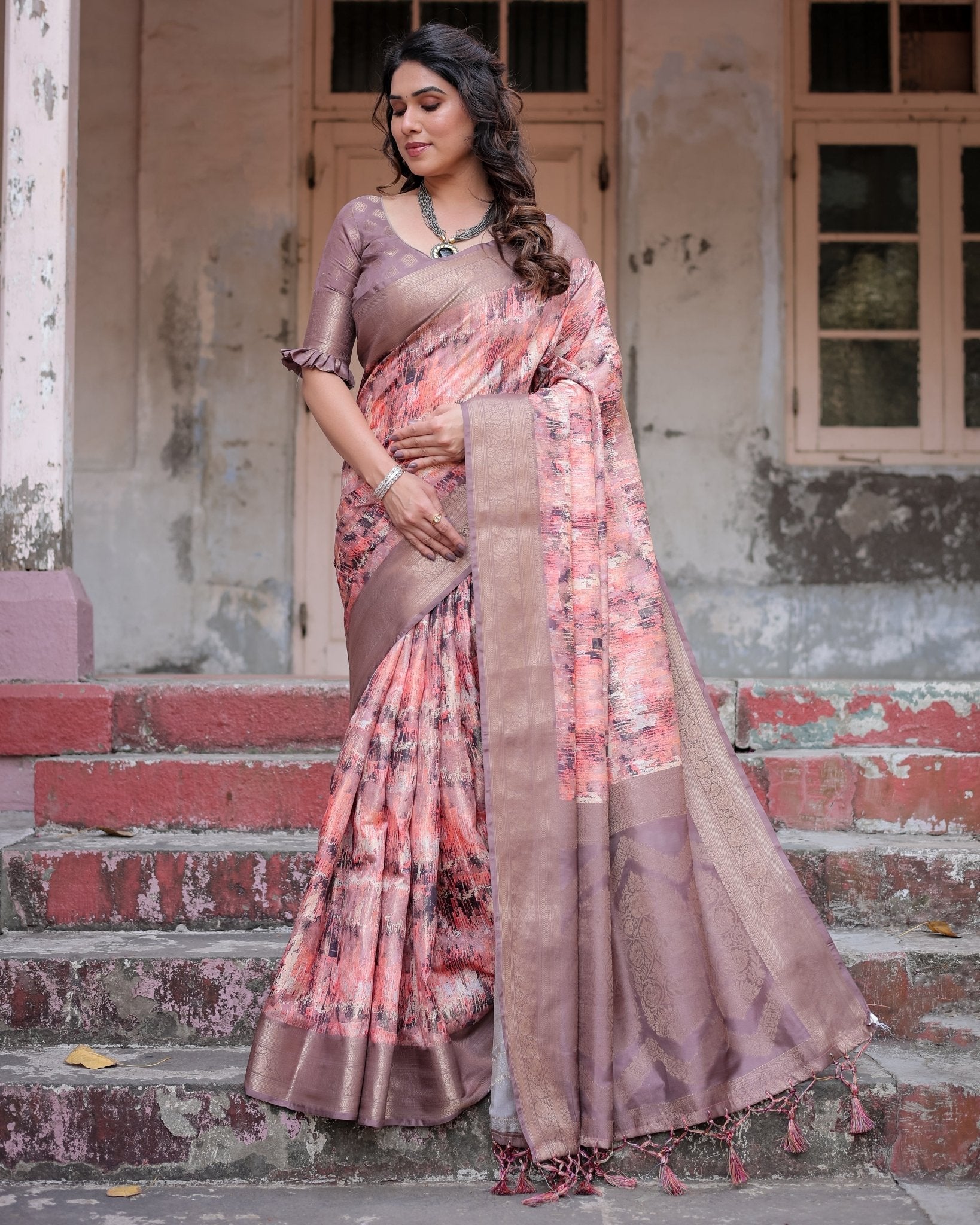 Peach and Brown Abstract Design Banarasi Silk Saree with Zari Weave and Tassel-Embellished Pallu BANARASI PRINTED Main image