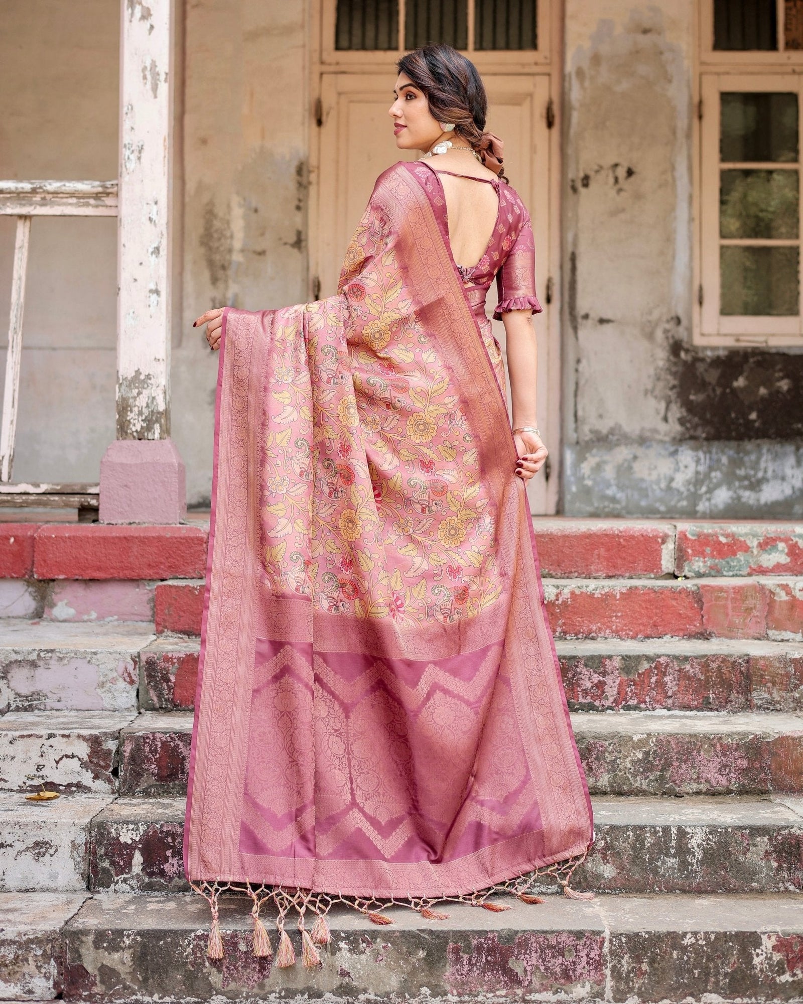 Elegant Pink Banarasi Silk Saree with Floral Zari Weaving and Tassel-Embellished Pallu BANARASI PRINTED