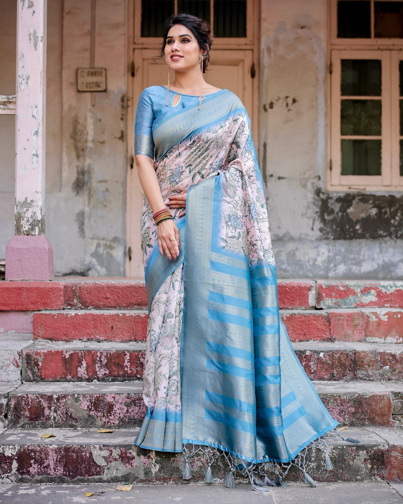 Elegant Floral Banarasi Silk Saree in Sky Blue and Blush Pink with Zari Weave and Tassels BANARASI PRINTED