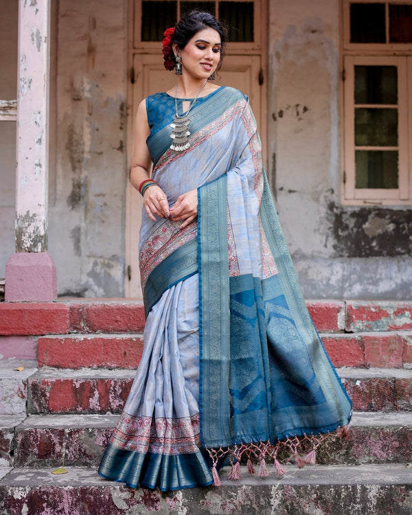 Elegant Blue and Beige Banarasi Silk Saree with Ornate Zari Weaving and Tassels BANARASI PRINTED