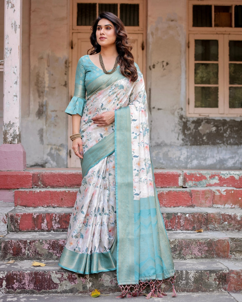 White and Aqua Floral Digital Print Banarasi Silk Saree with Zari Weave and Tassel-Adorned Pallu BANARASI PRINTED