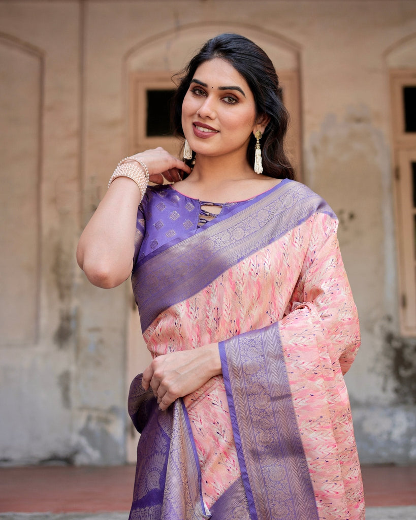 Peach and Purple Floral Digital Print Banarasi Silk Saree with Zari Weave and Tassel-Adorned Pallu BANARASI PRINTED