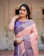 Load image into Gallery viewer, Peach and Purple Floral Digital Print Banarasi Silk Saree with Zari Weave and Tassel-Adorned Pallu BANARASI PRINTED