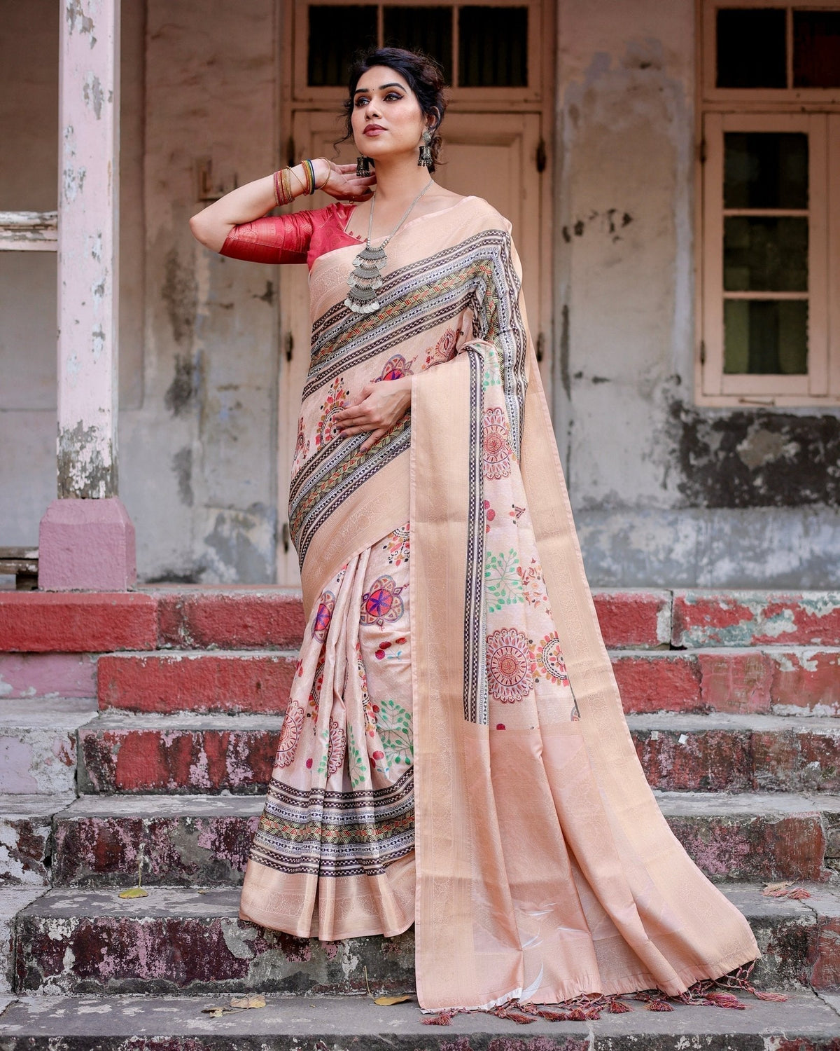 Elegant Peach Banarasi Silk Saree with Multicolor Embroidery and Tassels BANARASI PRINTED Main image