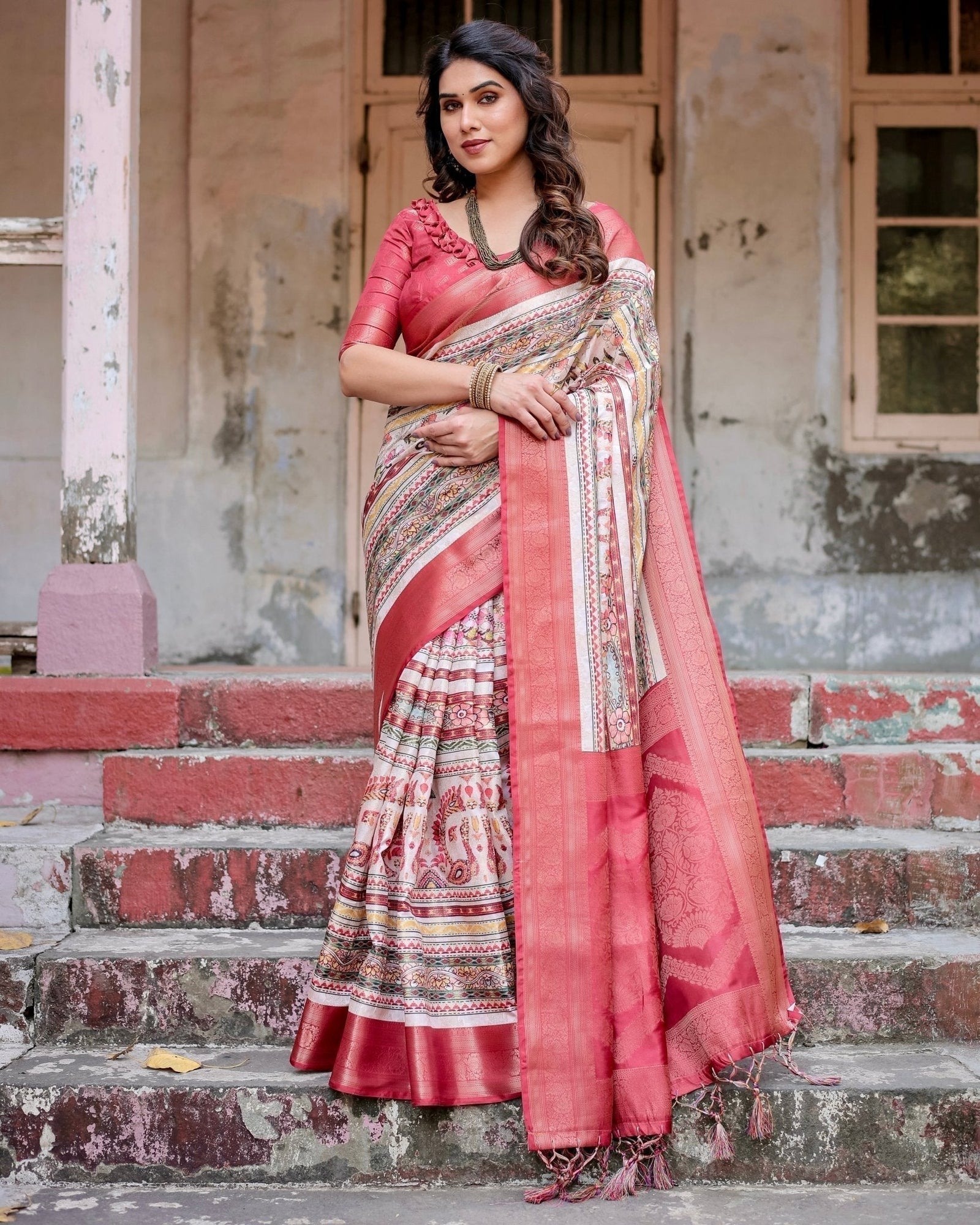 Red and Multicolor Digital Print Banarasi Silk Saree with Zari Weave and Tassel-Adorned Pallu BANARASI PRINTED