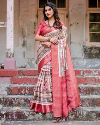 Red and Multicolor Digital Print Banarasi Silk Saree with Zari Weave and Tassel-Adorned Pallu BANARASI PRINTED
