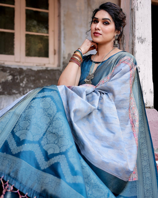 Elegant Blue and Beige Banarasi Silk Saree with Ornate Zari Weaving and Tassels BANARASI PRINTED
