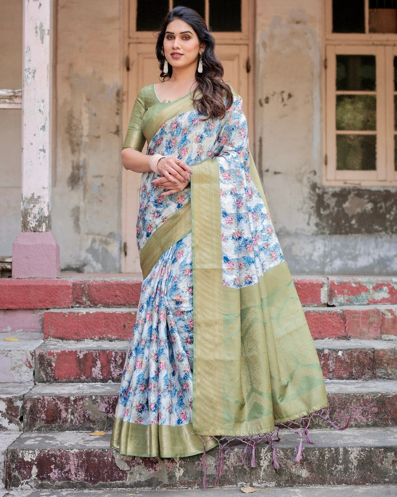 Blue and Green Floral Digital Print Banarasi Silk Saree with Zari Weave and Tassel-Embellished Pallu BANARASI PRINTED