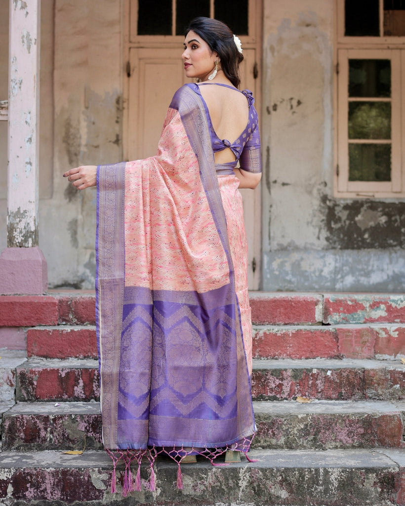 Peach and Purple Floral Digital Print Banarasi Silk Saree with Zari Weave and Tassel-Adorned Pallu BANARASI PRINTED