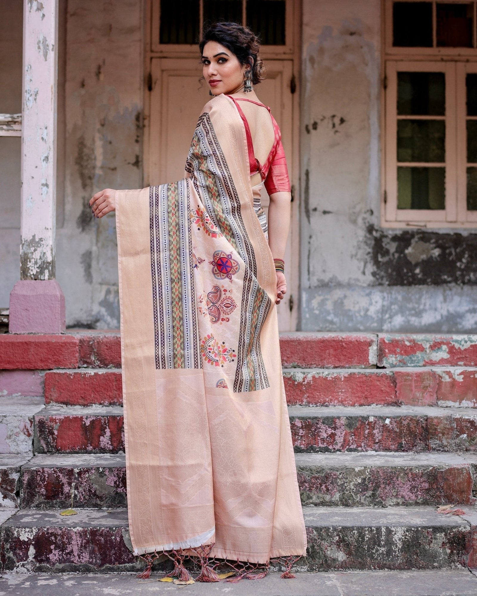 Elegant Peach Banarasi Silk Saree with Multicolor Embroidery and Tassels BANARASI PRINTED